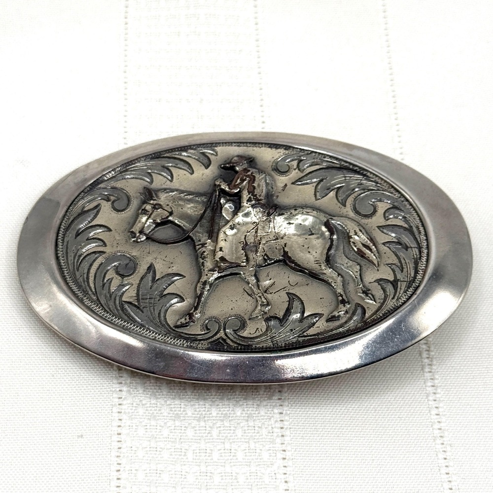 Vintage Western Silver/Pale Gold Tone Belt Buckle w/ Horse and Rider Cowboy